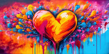 Generative AI, Colorful Heart As Graffiti Love Symbol On The Wall, Street Art. Melted Paint..