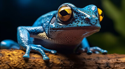Wall Mural - Poisonous blue frog in a tropical area. Beautiful blue dart frog. Created in AI.