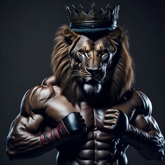 Portrait of a muscular lion with crown and boxer gloves in the dark background. Generative AI