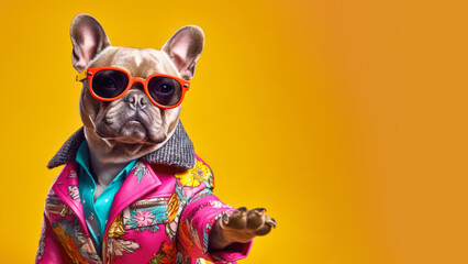 Cool looking French bulldog dog wearing funky fashion dress - jacket, tie, glasses. Wide banner with space for text right side. Stylish animal posing as supermodel. Generative AI