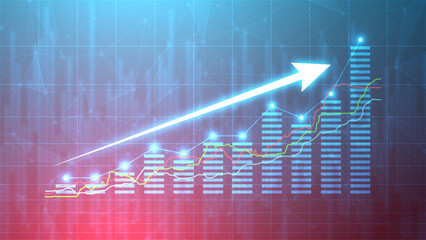 Wall Mural - Business growth illustration with the bar chart static and up arrow. Successful financial graphic on blue background. Stock market growth in futuristic technology style.