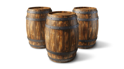 Wall Mural - three wooden barrels isolated on empty background. 3d rendering