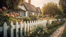  A White Picket Fence In Front Of A House With Roses Growing On It.  Generative Ai