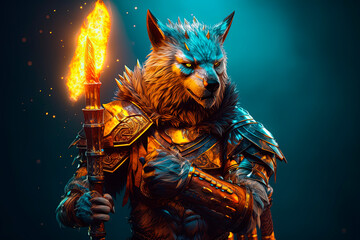 Wall Mural - Wolf character in armor holding a spear popul. Generative AI