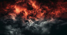 Fiery Red And Black Sky Clouds, Thunderclouds. Dramatic Sky With Heavy Clouds. Fantastic, Magical, Fantasy Scene. 