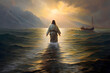 Jesus Christ walking on water, walk on water, Jesus Christ walking on the sea of Galilee with beams of light, Generative AI