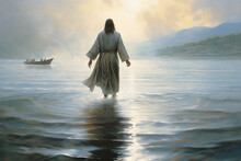 Jesus Christ Walking On Water, Jesus Walk On Water Sea Of Galilee Toward Fishing Boat And Disciples, Generative AI