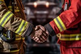 Fototapeta Sport - Friendly handshake of two firemen. Generative AI