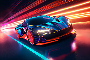 Futuristic sport car on a neon highway. Generative AI