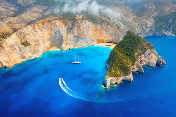 Wall Mural - view of navagio beach, zakynthos island, greece. aerial landscape. azure sea water. top view from a 
