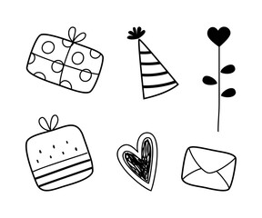 Canvas Print - Black Line Gift Box, Cap, Heart and Envelope as Birthday Symbol Vector Set