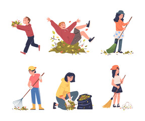 Poster - People Volunteers Cleaning Picking up Garbage and Foliage in Bag Vector Set