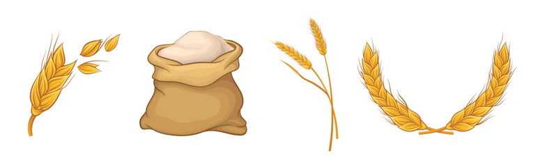 Wall Mural - Wheat Ear, Spikelet and Flour in Sack Vector Set