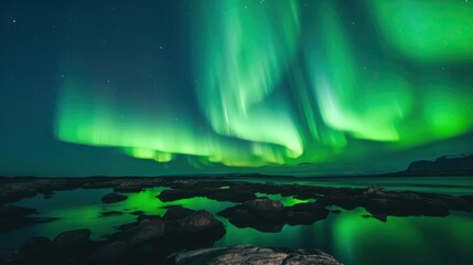 a green and blue aurora bore over a body of water. generative ai