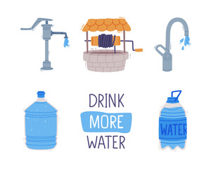 Sticker - Well, Water Tap with Valve and Bottle with Pure Drinking Liquid Vector Illustration Set