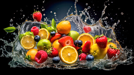  Stop Motion Vibrant and Refreshing: A Captivating Image of Colorful Fresh Fruits Splashing in Crystal Clear Water, Evoking a Sense of Joy and Hydration