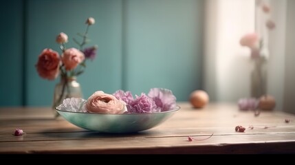 Poster -  a bowl of flowers sitting on a table next to a vase of flowers.  generative ai