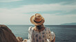 © © Ai Factory - Woman in Swimwear Back View Admiring Blue Sea during the holiday - Generative Ai