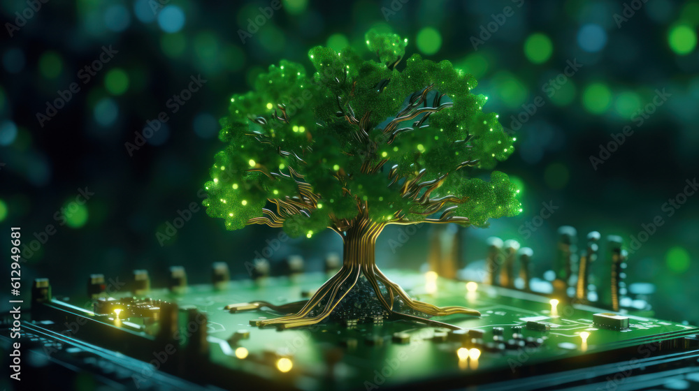 Innovation in Green Tree on Circuit Board Symbolizing Eco-Friendly Tech ...
