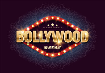 Wall Mural - Bollywood indian cinema. Movie banner or poster with retro billboard and ornament. Vector illustration.