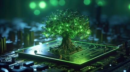 Sustainable Future Digital Green Tree on Computer Circuit Board Illustration. Generative AI