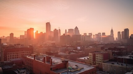 Wall Mural -  the sun is setting over a city skyline with tall buildings.  generative ai