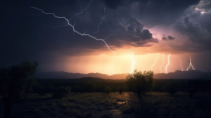Wall Mural - a lightning storm over a field with trees and mountains in the background. generative ai