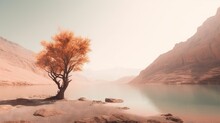  A Lone Tree On A Rocky Shore Near A Mountain Lake.  Generative Ai