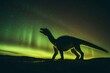 dinosaur looks up to the green shining sky created with Generative AI technology