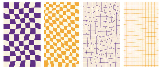 Wall Mural - Groovy hippie 70s vector backgrounds set. Chessboard and twisted patterns. Backgrounds in trendy retro trippy style.Twisted and distorted vector texture in trendy retro psychedelic style.