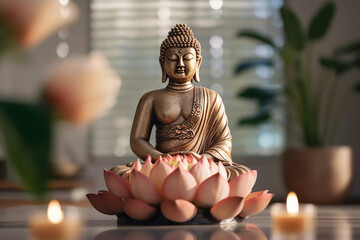 A serene and peaceful image of a Buddha statue in a cross-legged meditation pose, Generated with AI