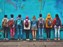 A Group Of Multiracial Teenagers Standing With Their Backs In A Row Against A Blue Wall Background. The Concept Of Difficult Teenagers.