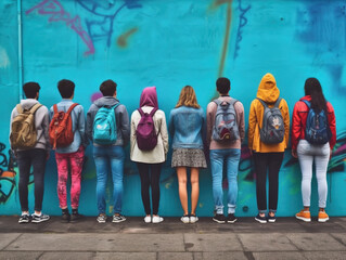 a group of multiracial teenagers standing with their backs in a row against a blue wall background. 