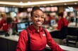 Smiling young female supermarket worker looking at the camera. Generative AI