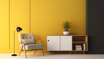 Wall Mural - Mock up room in modern style with armchair,cabinet and yellow wall background.3d rendering