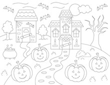 Halloween Coloring Page. Cute Design With Haunted Houses That You Can Print On 8.5x11 Inch Paper