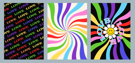 Poster - Groovy rainbow background set. Waves, swirl, twirl pattern. Twisted and distorted vector texture in trendy retro psychedelic style. Hippie 70s aesthetic.