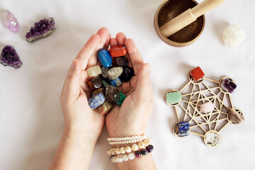 Sticker - Healing chakra crystal grid therapy. Rituals with gemstones for wellness, healing, meditation, destress, relaxation, mental health, spiritual practices. Energetical power concept