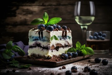 Wall Mural - Dessert tiramisu of mascarpone or ricotta or yogurt, blueberries and savoiardi in a glass decorated with mint leaves and berries. Detailed shot of a slice of no-bake cake. Generative AI