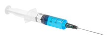 Disposable Syringe With An Injection Needle Filled With Blue Liquid Medicine, Isolated On Transparent Background