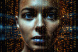 © Lazy_Bear - Digital hologram of female face looking from futuristic screen. Interaction with artificial intelligence. Digital portrait of person. Created with Generative AI