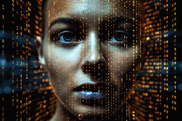 Wall Mural - digital hologram of female face looking from futuristic screen. interaction with artificial intellig