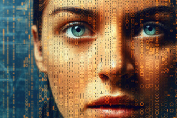Wall Mural - digital hologram of female face looking from futuristic screen. interaction with artificial intellig