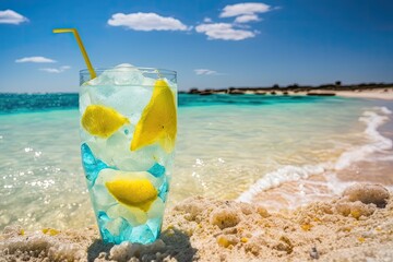 Poster - A chilled drink with ice and a wedge of lemon on the beach on a hot summer day. Generative AI