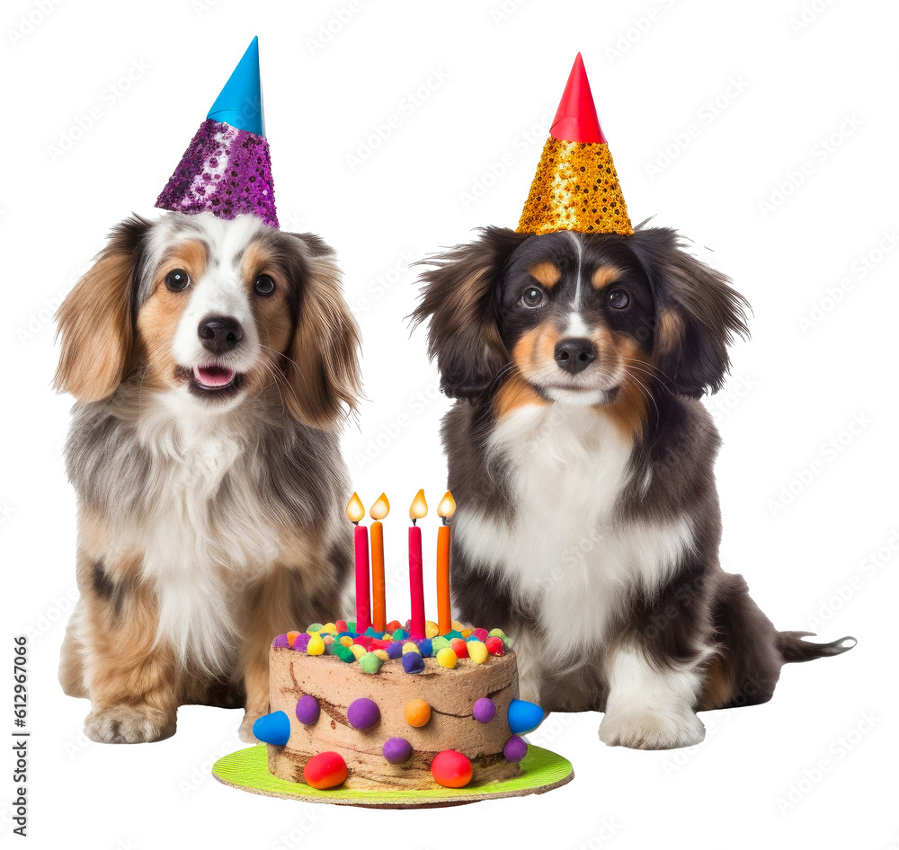 Funny cute dogs with party hats sitting behind a birthday cake on a ...