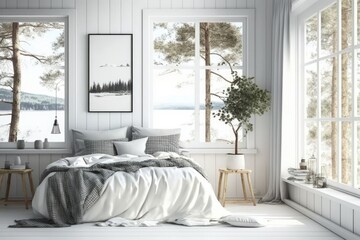 Wall Mural - A lovely white bedroom with a summer scenery outside the window. Nordic-style interior design. Generative AI