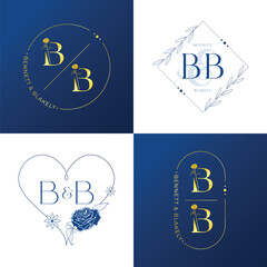 Royal gold and blue letter B and B wedding monogram set 