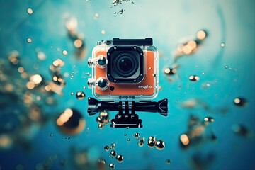 Action camera in waterproof case under water Generative AI