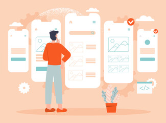 Usability testing vector concept. Man stands near smartphone and checks operation of mobile program or application. Developer and user. UI and UX design. Cartoon flat illustration