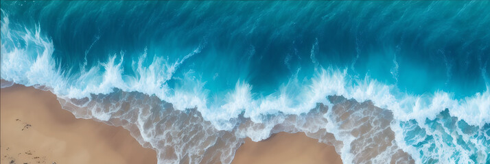 Wall Mural - Overhead view of crashing waves on a sand shoreline. Tropical beach surf. Abstract aerial ocean view.